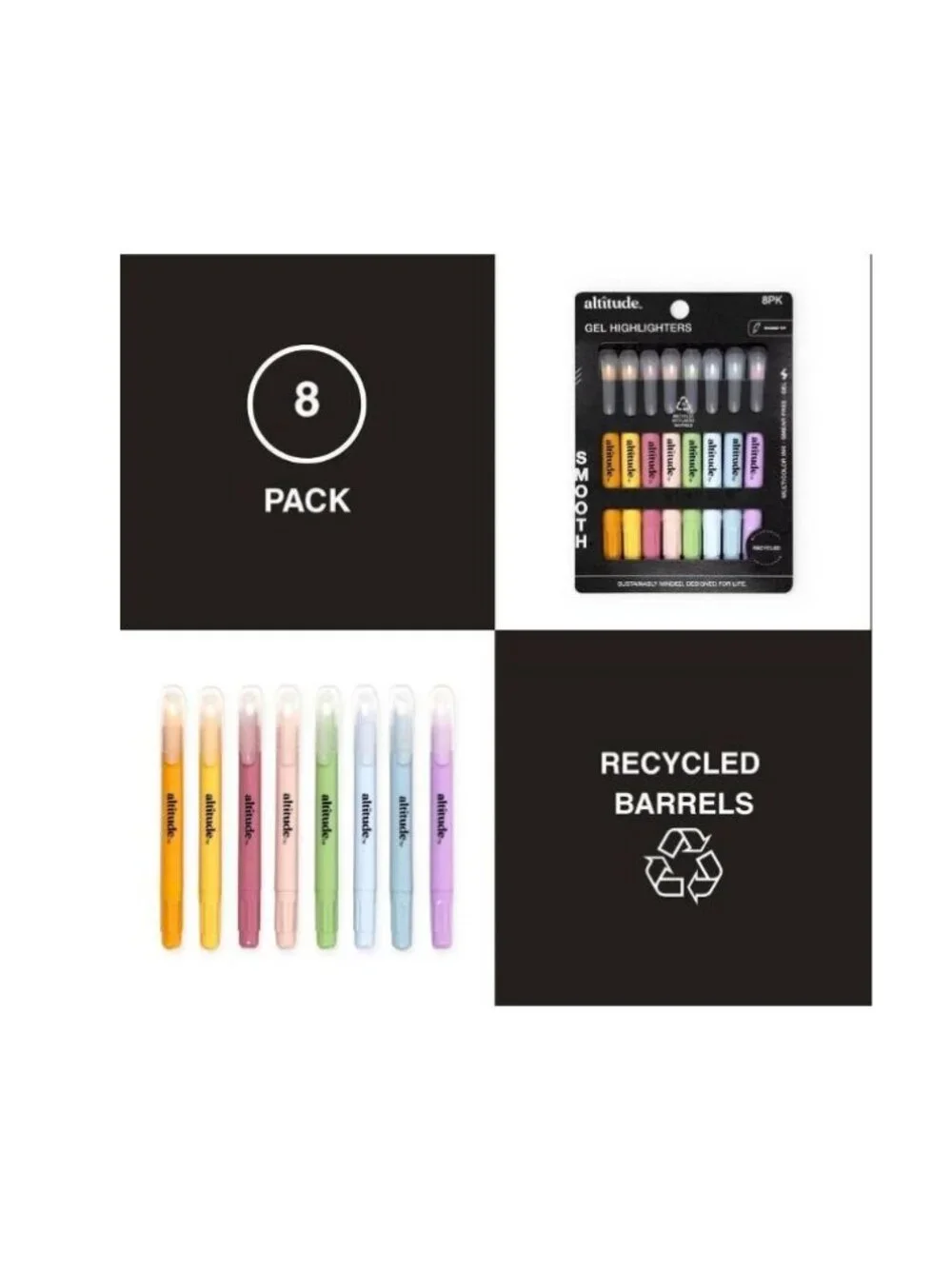 Set of 2 Altitude 8-Pack Gel Highlighters Round Tip Multicolor Ink Smear-Free Re